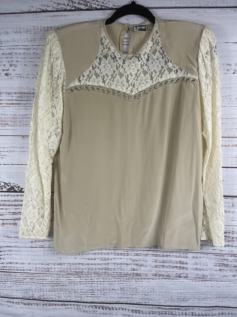 Vintage Bellini Mode Blouse Women's Size M Silk Lace Sheer Long Sleeve 80s Top